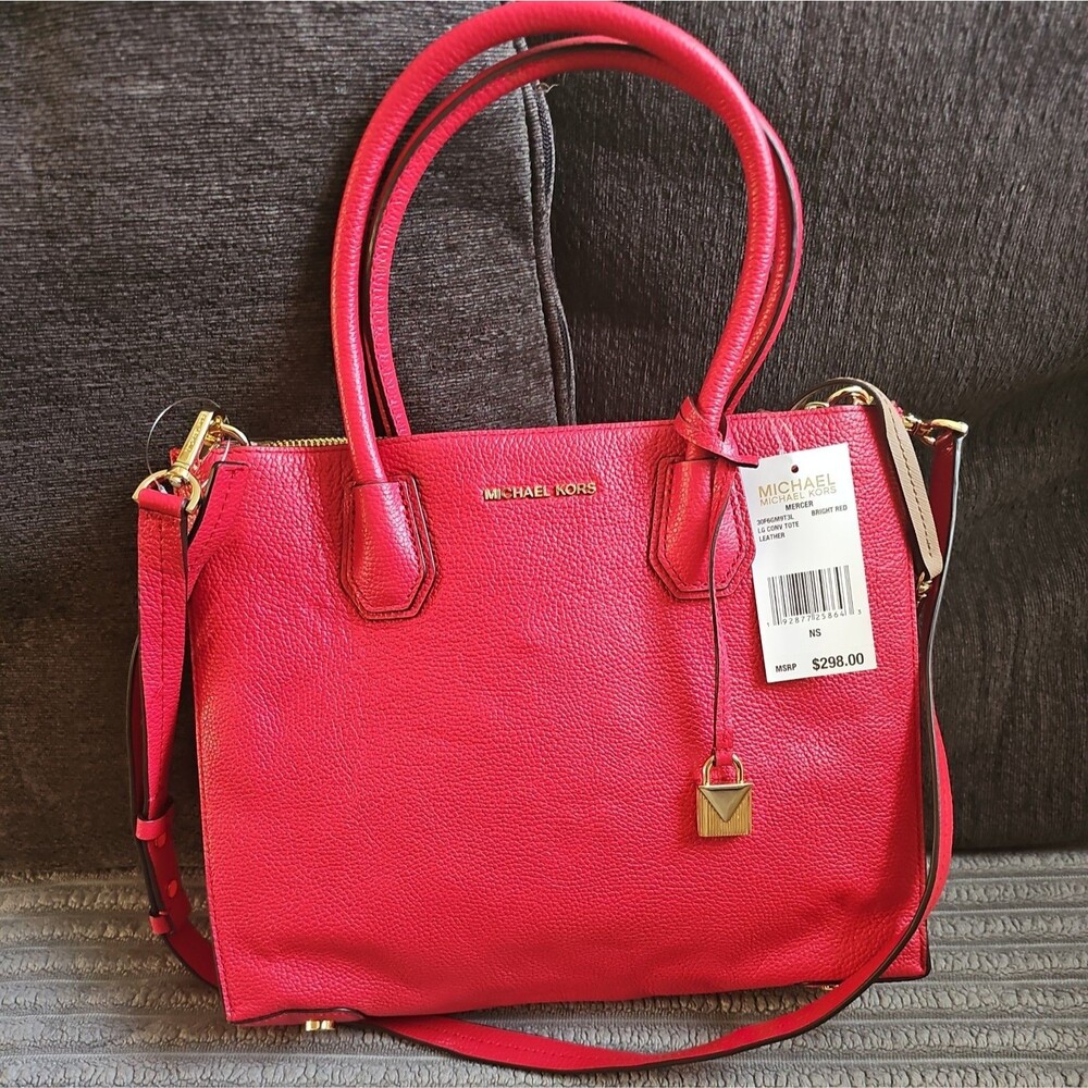 NWT Michael Kors MK Studio Mercer Large Leather Tote Bag handbag Bright Red $398